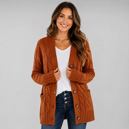 Montarello Women's Cable Knit Cardigan with V-Neck and Buttons
