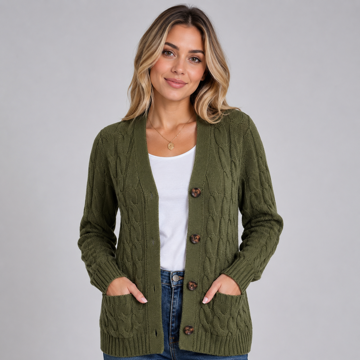 Montarello Women's Cable Knit Cardigan with V-Neck and Buttons