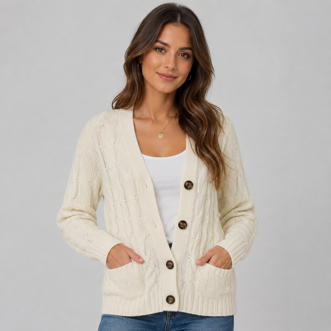 Montarello Women's Cable Knit Cardigan with V-Neck and Buttons