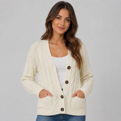 Montarello Women's Cable Knit Cardigan with V-Neck and Buttons