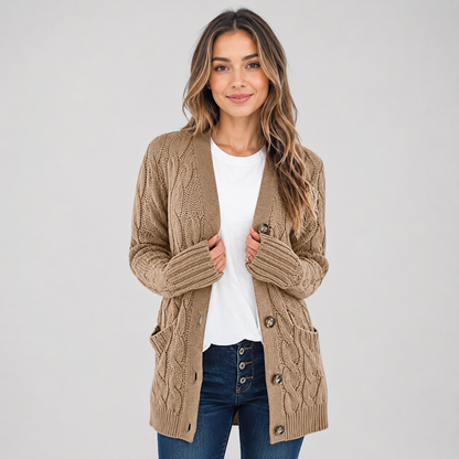 Montarello Women's Cable Knit Cardigan with V-Neck and Buttons