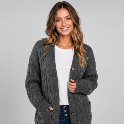 Montarello Women's Cable Knit Cardigan with V-Neck and Buttons