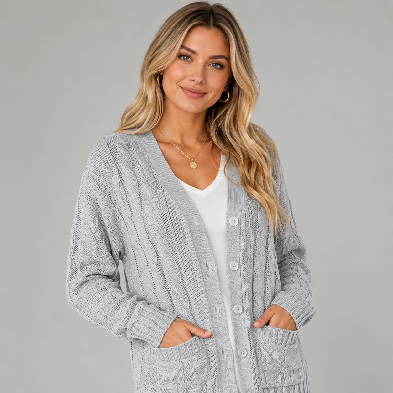 Montarello Women's Cable Knit Cardigan with V-Neck and Buttons