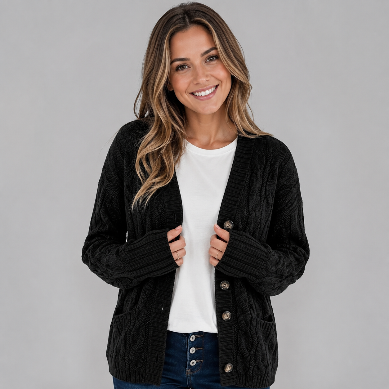 Montarello Women's Cable Knit Cardigan with V-Neck and Buttons