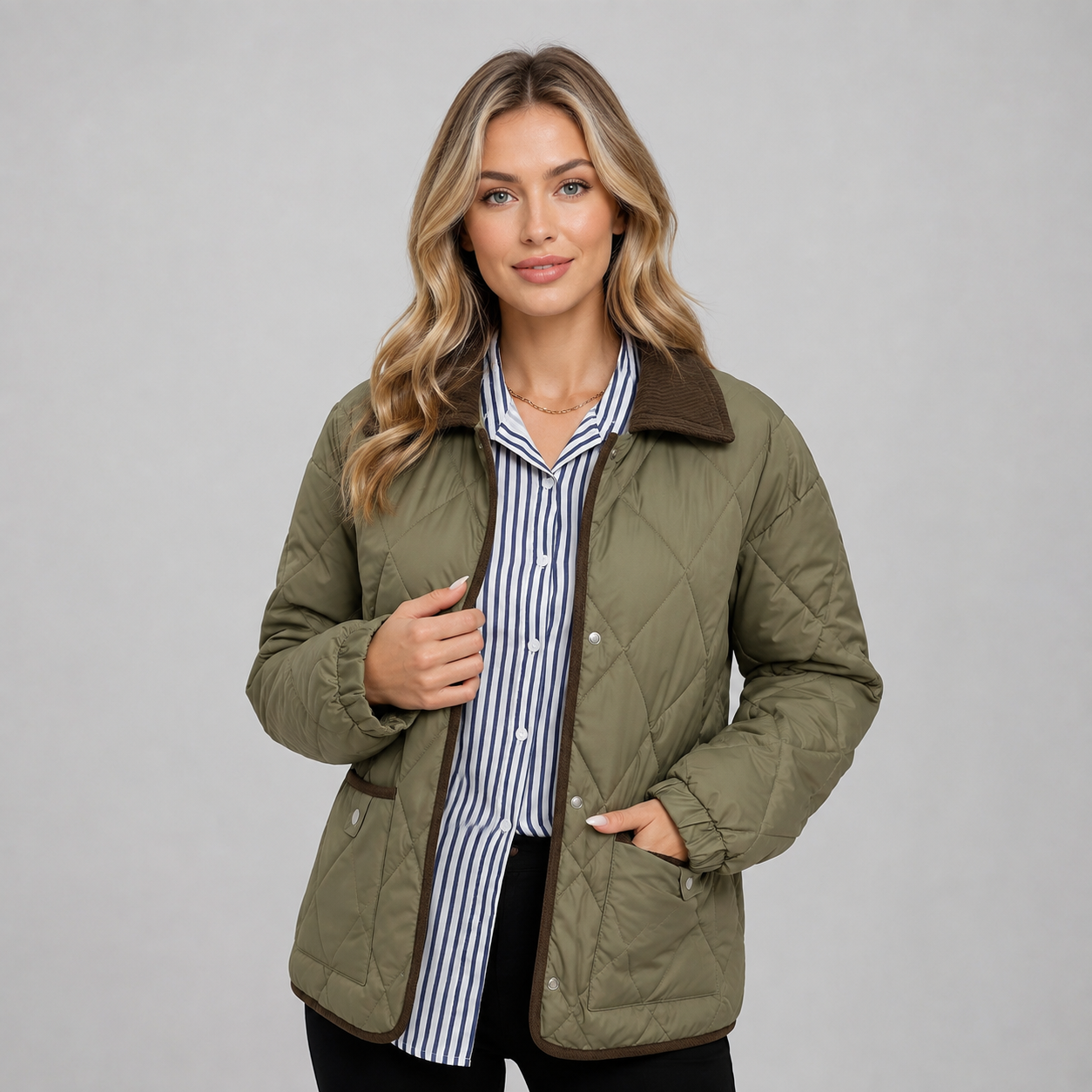 Montarello Women's Quilted Jacket Cropped Check Contrast Collar