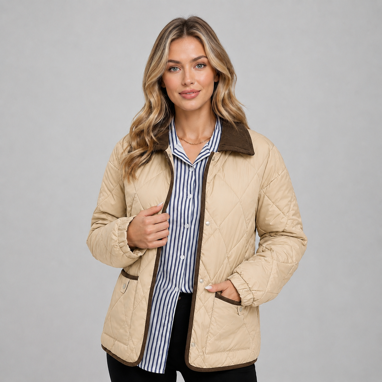 Montarello Women's Quilted Jacket Cropped Check Contrast Collar