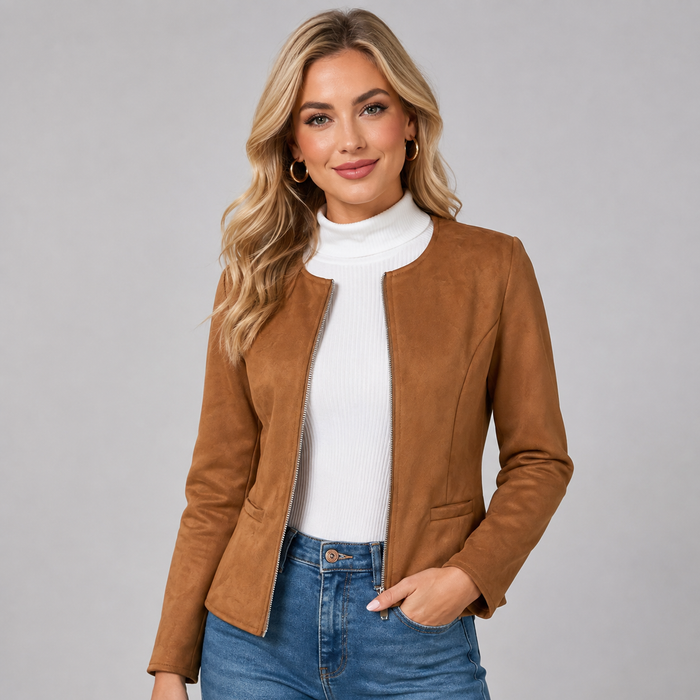 Montarello Women's Jacket Suede-Look Cropped Zip Up