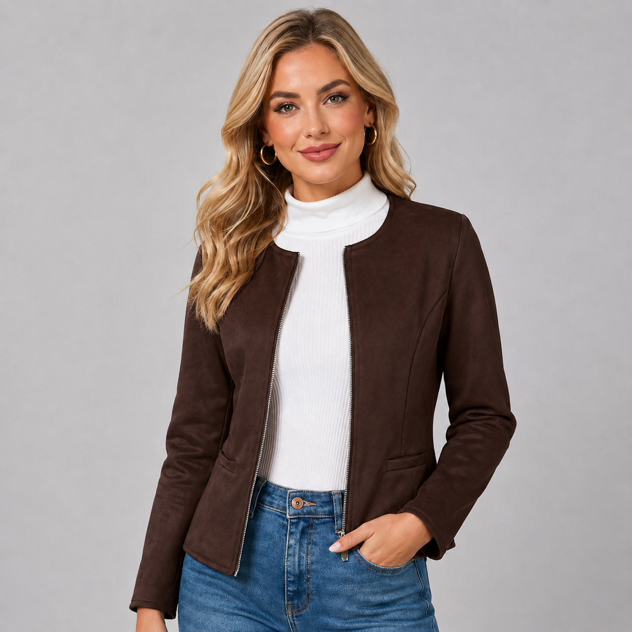 Montarello Women's Jacket Suede-Look Cropped Zip Up