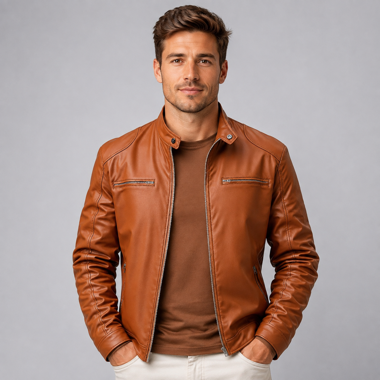 Montarello Men's Biker Jacket Leather-Look Stand Collar