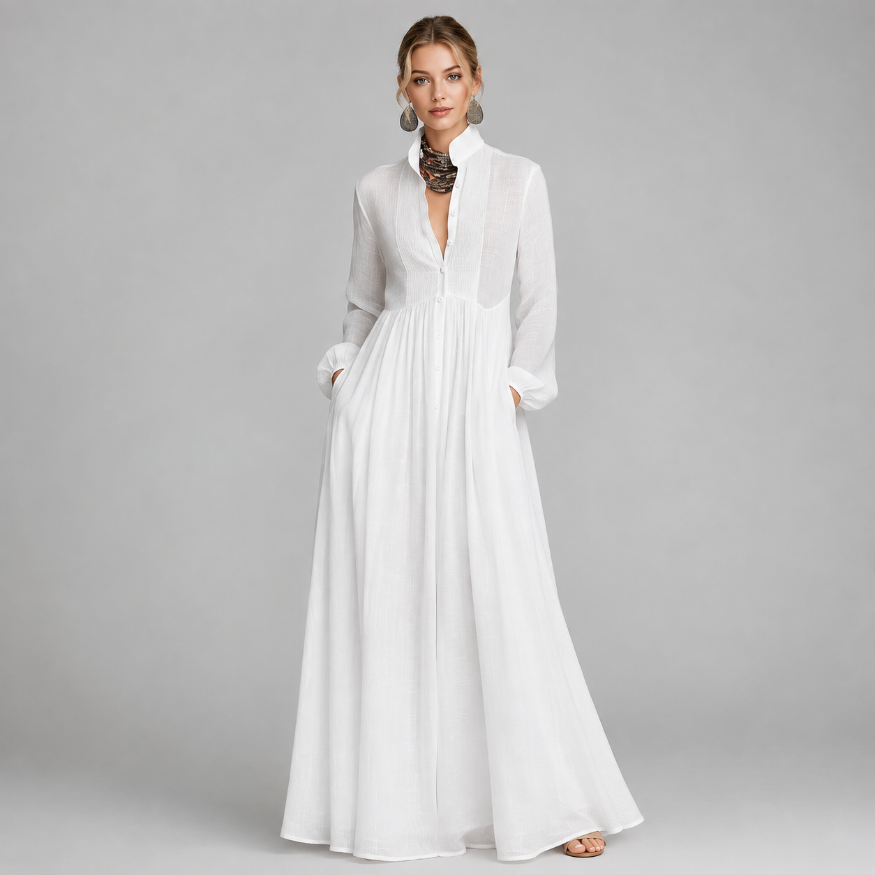 Montarello Women's Cotton Linen-Blend Long-Sleeve Maxi Dress with Stand-Up Collar