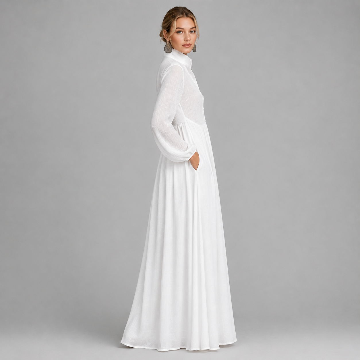Montarello Women's Cotton Linen-Blend Long-Sleeve Maxi Dress with Stand-Up Collar