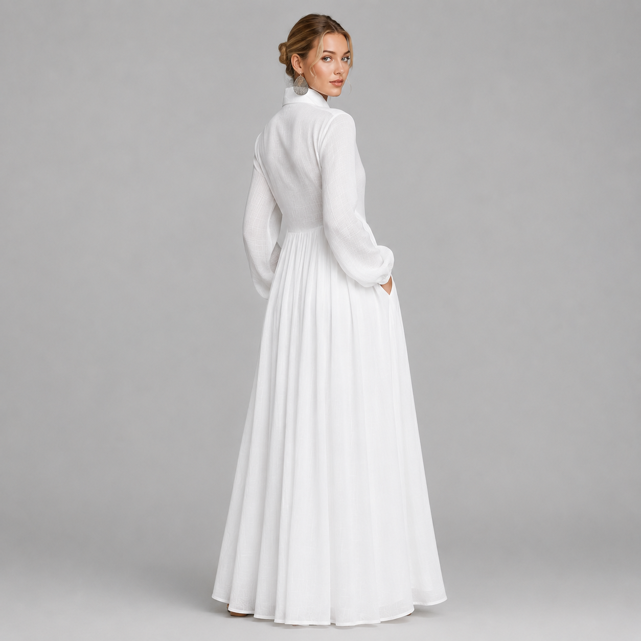Montarello Women's Cotton Linen-Blend Long-Sleeve Maxi Dress with Stand-Up Collar