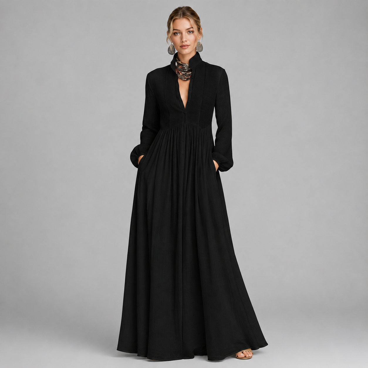 Montarello Women's Cotton Linen-Blend Long-Sleeve Maxi Dress with Stand-Up Collar