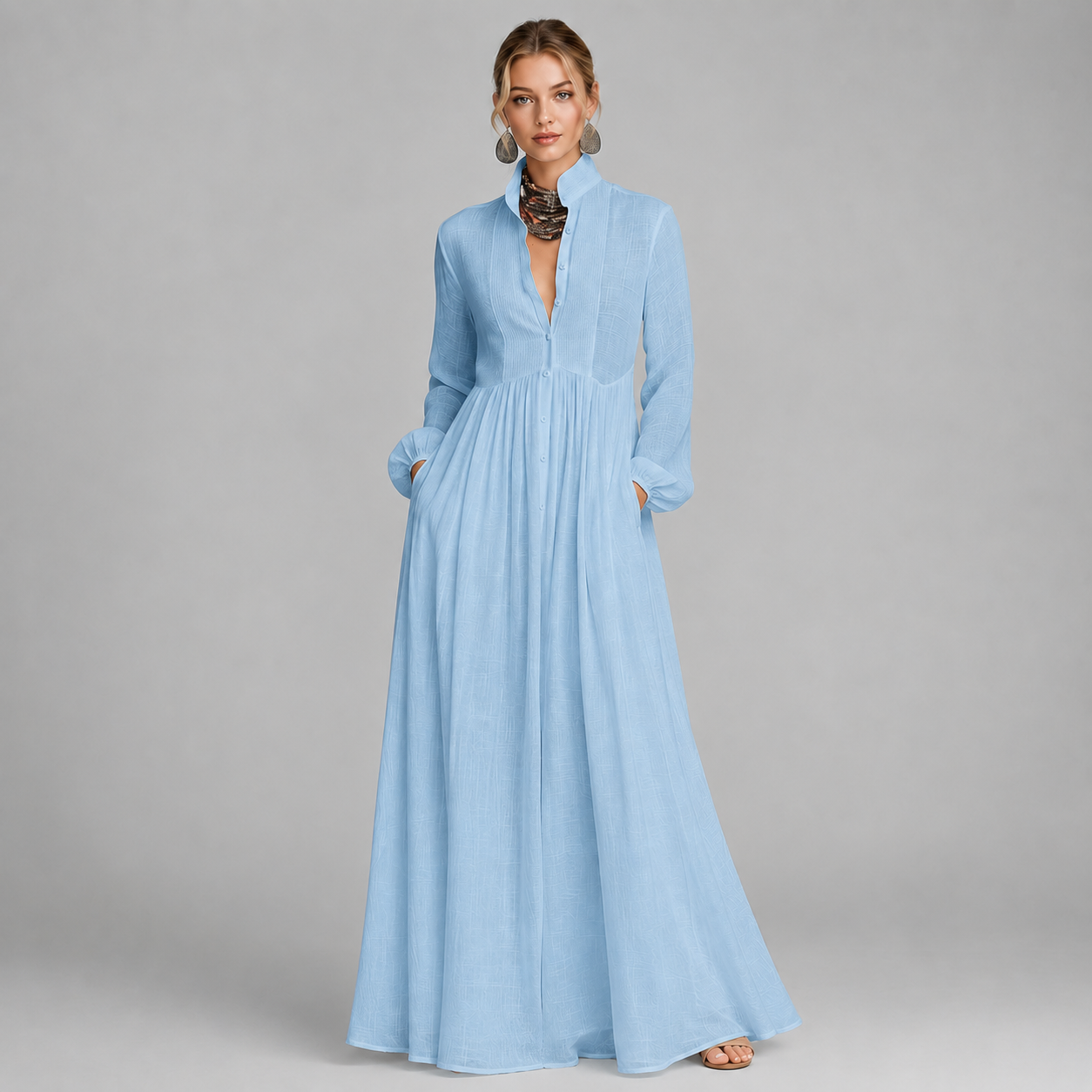 Montarello Women's Cotton Linen-Blend Long-Sleeve Maxi Dress with Stand-Up Collar