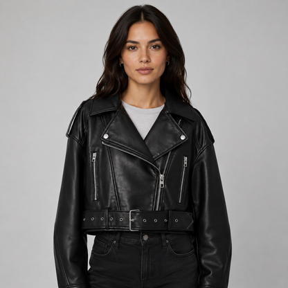 Montarello Women's Leather-Look Belted Biker Jacket