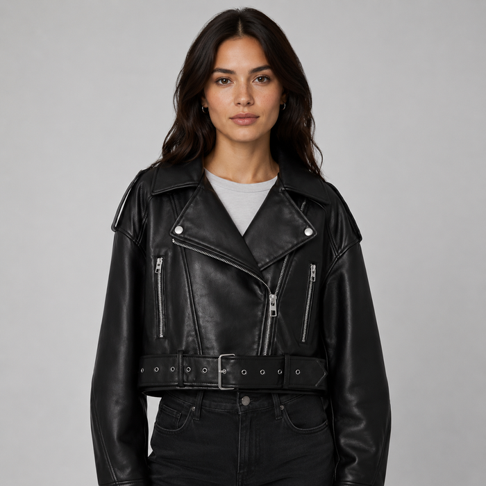 Montarello Women's Leather-Look Belted Biker Jacket