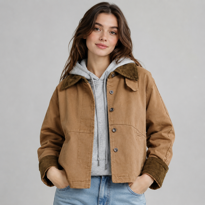 Montarello Women's Barn Jacket with Corduroy Collar and Utility Pockets