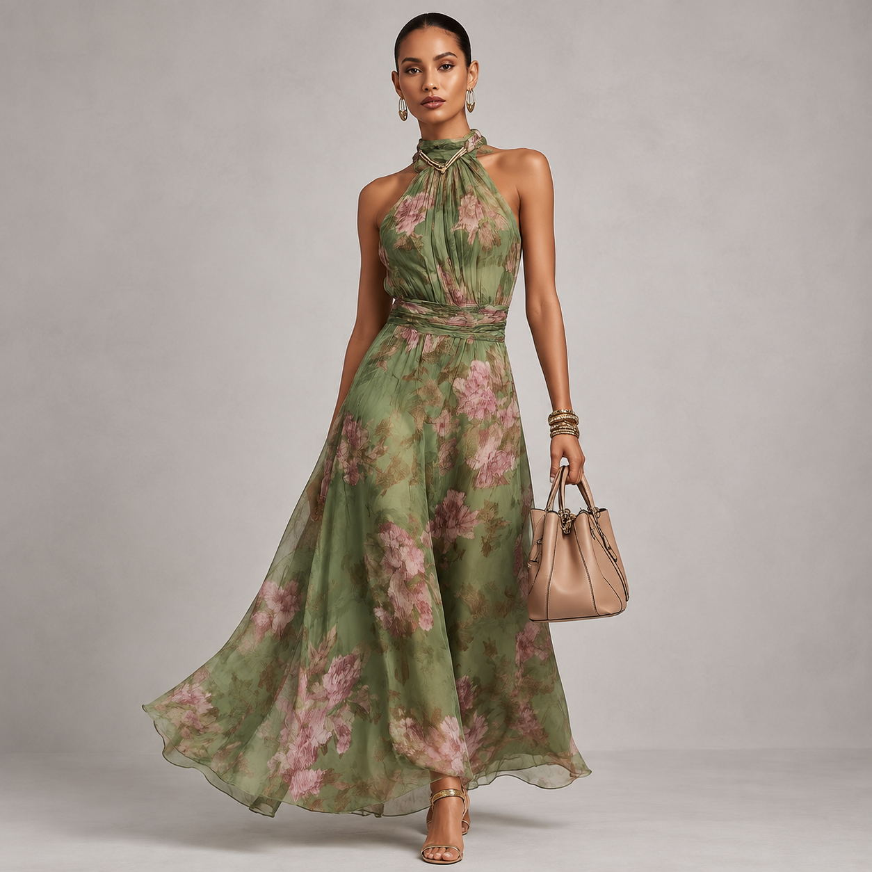Montarello Women's Floral Halter Neck Chiffon Maxi Wedding Guest Dress