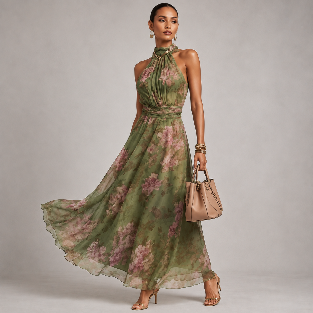 Montarello Women's Floral Halter Neck Chiffon Maxi Wedding Guest Dress