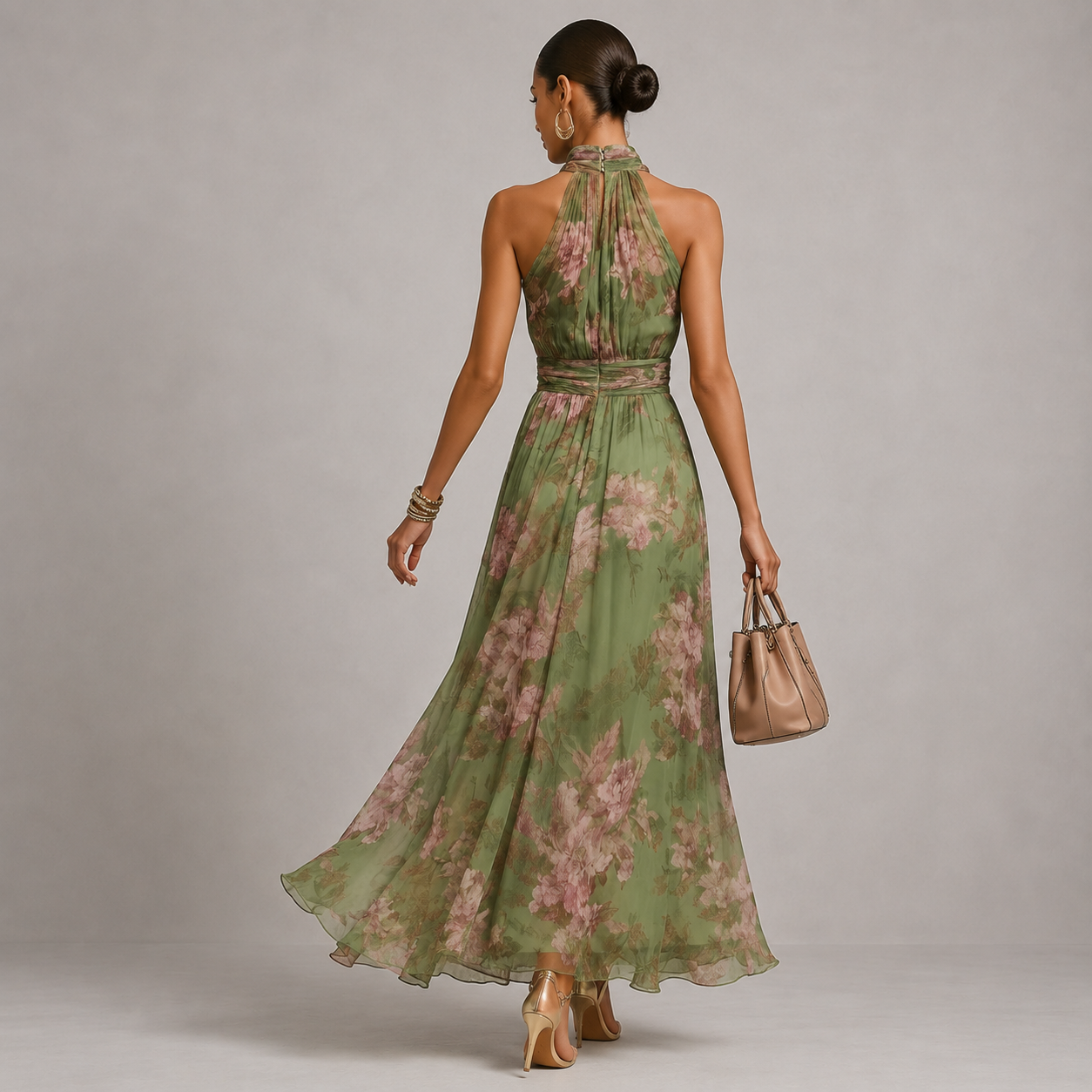 Montarello Women's Floral Halter Neck Chiffon Maxi Wedding Guest Dress