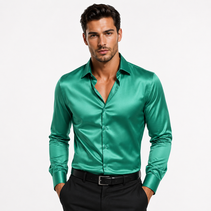 Montarello Men's Satin-Look Spread Collar Long-Sleeve Smart Casual Shirt