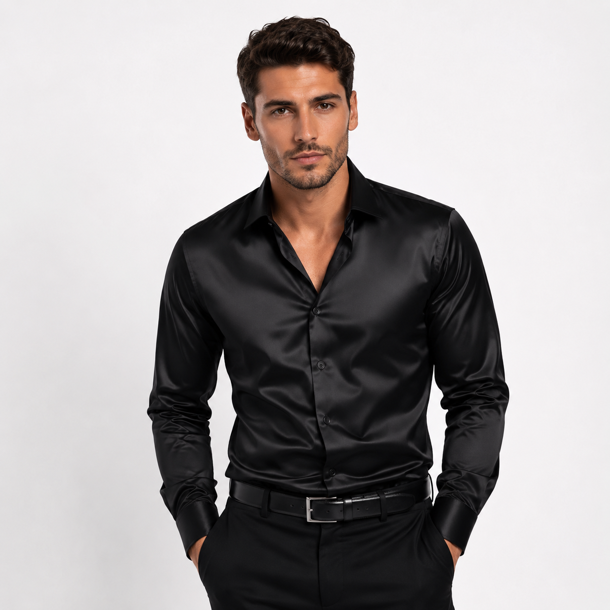 Montarello Men's Satin-Look Spread Collar Long-Sleeve Smart Casual Shirt