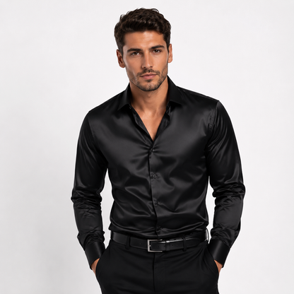 Montarello Men's Satin-Look Spread Collar Long-Sleeve Smart Casual Shirt
