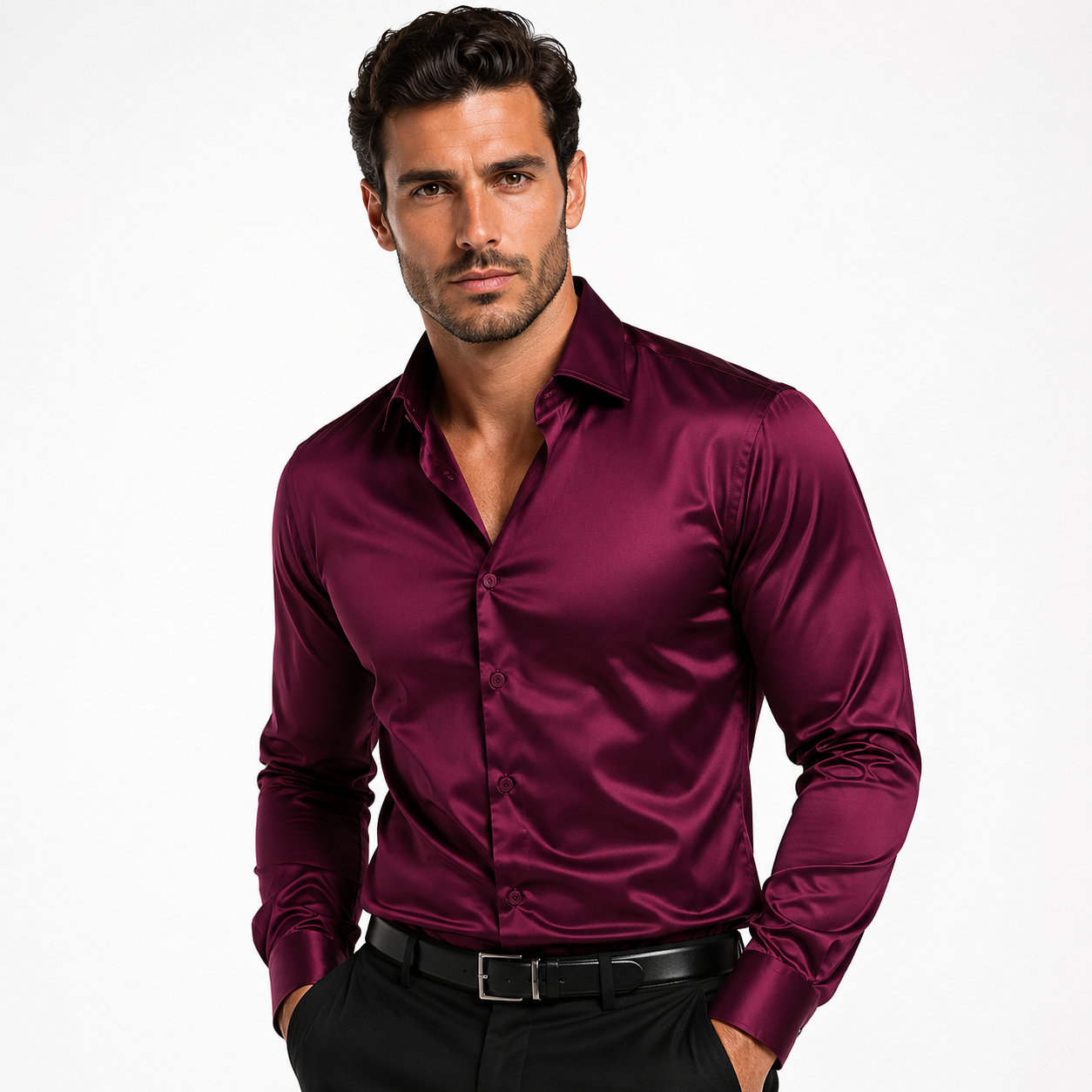 Montarello Men's Satin-Look Spread Collar Long-Sleeve Smart Casual Shirt