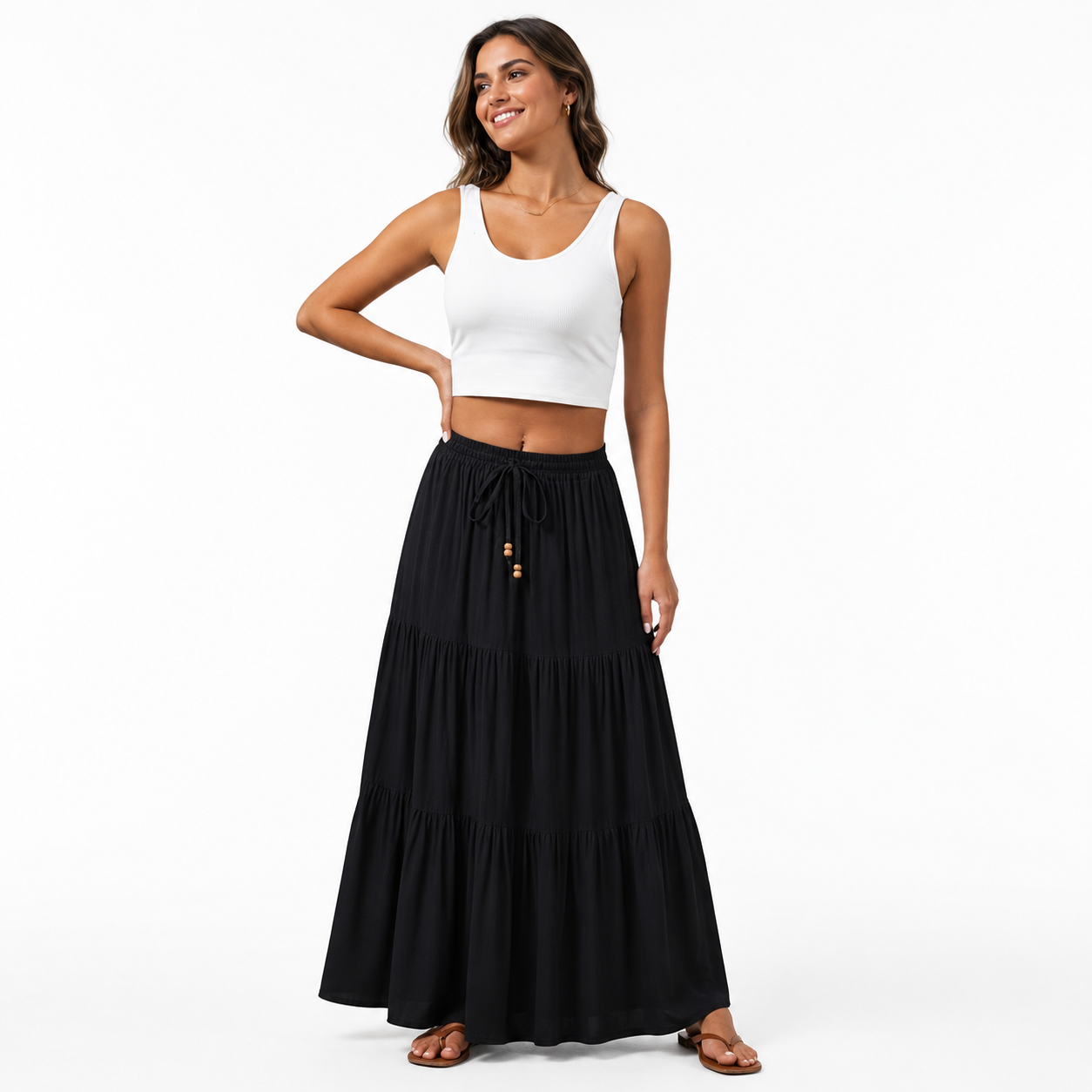 Montarello Women's Tiered Drawstring Casual Summer Maxi Skirt