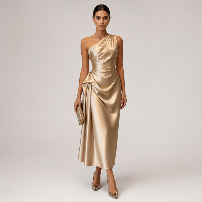 Montarello Women's Satin-Look One-Shoulder Ruched Wedding Guest Midi Dress