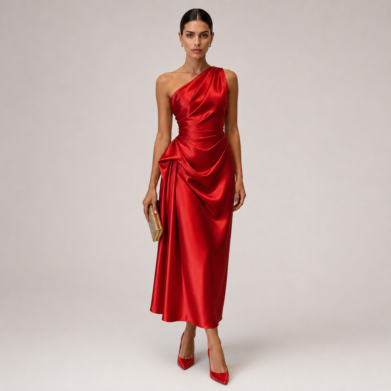 Montarello Women's Satin-Look One-Shoulder Ruched Wedding Guest Midi Dress