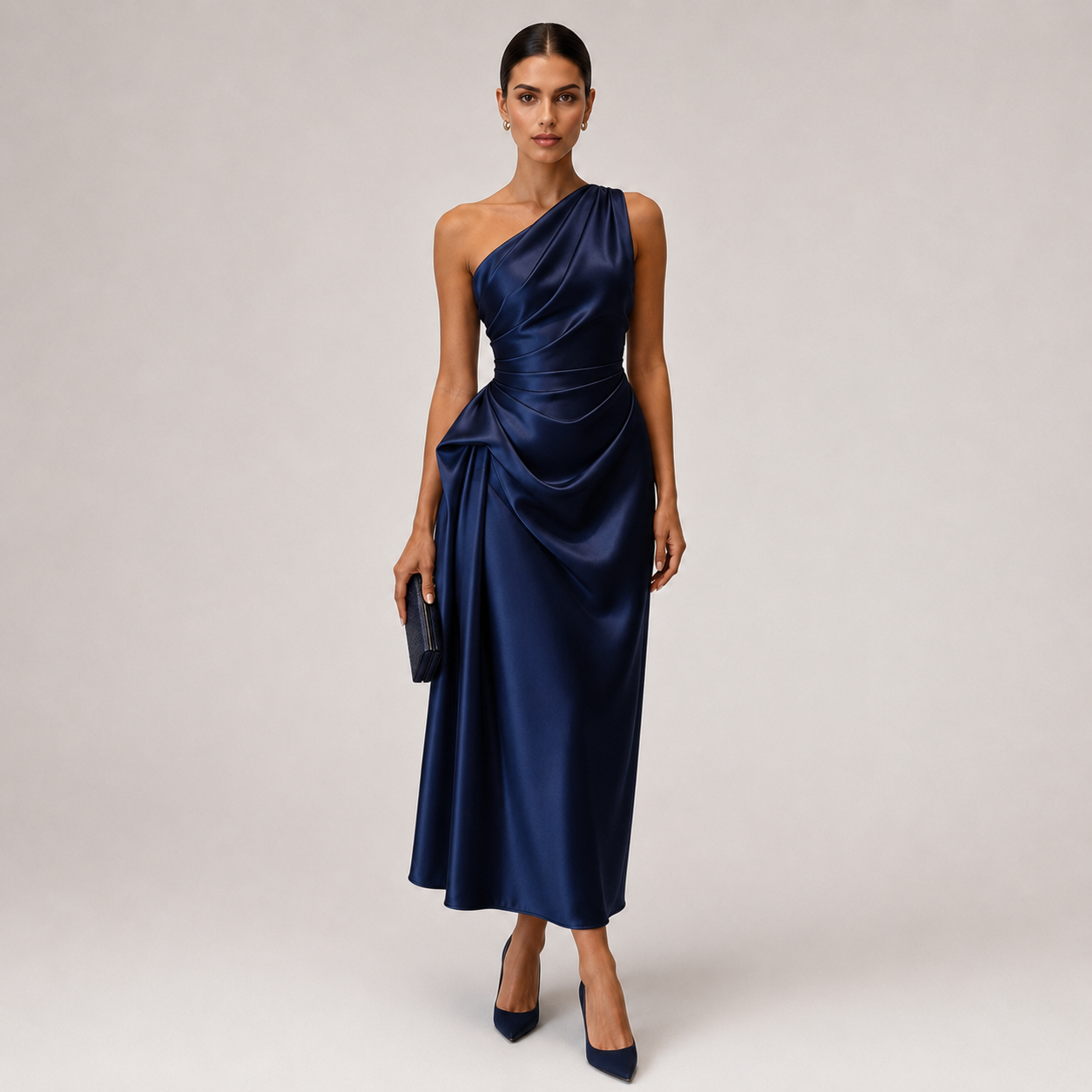 Montarello Women's Satin-Look One-Shoulder Ruched Wedding Guest Midi Dress
