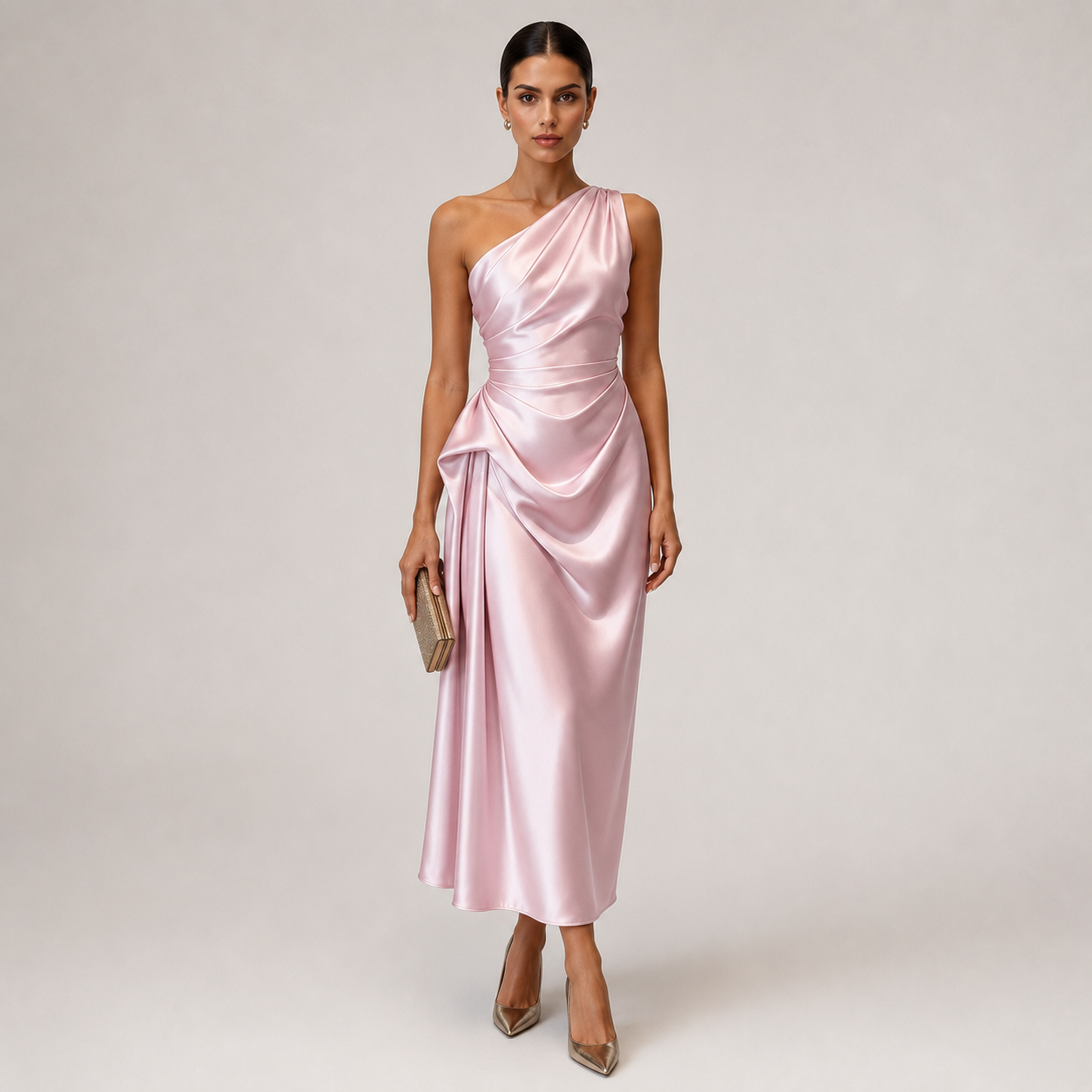 Montarello Women's Satin-Look One-Shoulder Ruched Wedding Guest Midi Dress