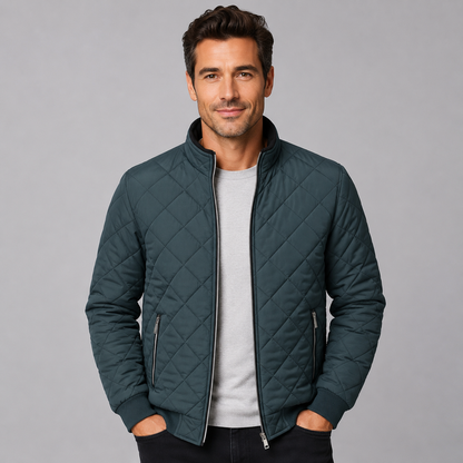 Montarello Men's Diamond Quilted Zip-Up Jacket with Stand Collar