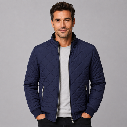 Montarello Men's Diamond Quilted Zip-Up Jacket with Stand Collar