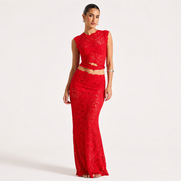 Montarello Lace-Look Women's 2-Piece Top & Split Skirt Set