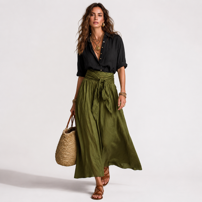Montarello Women's High-Waisted Button Shirt & Midi Skirt Two-Piece Set