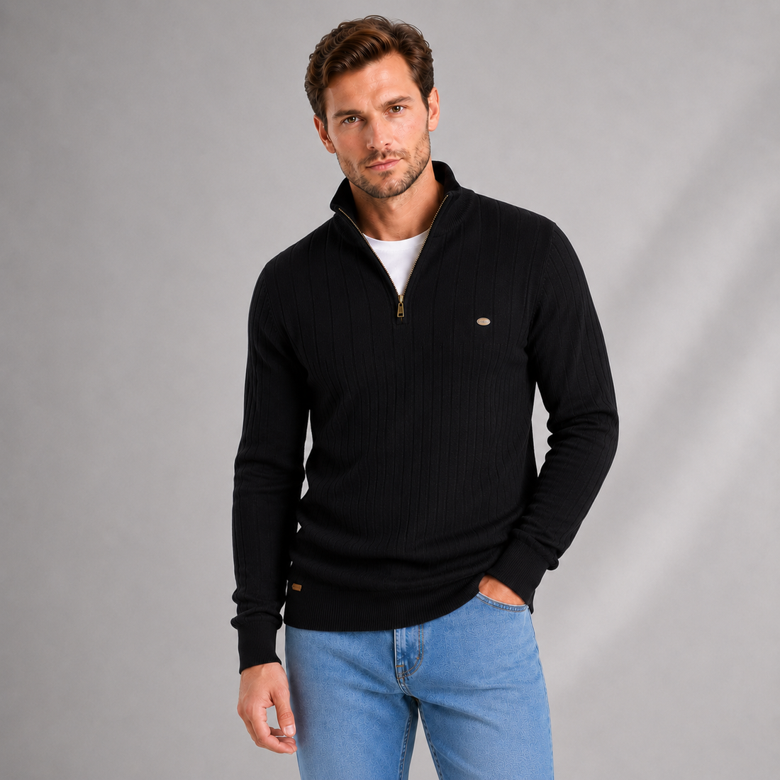 Montarello Men's Quarter Zip Jumper Ribbed Funnel Neck