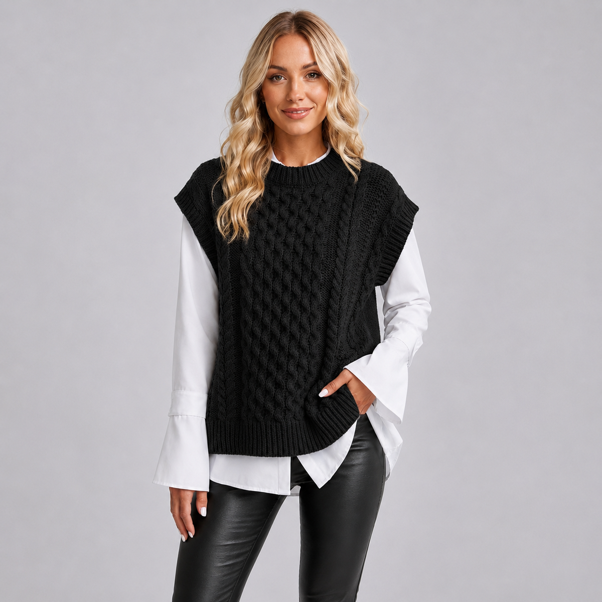 Montarello Women's Sweater Vest Cable Knit Round Neck