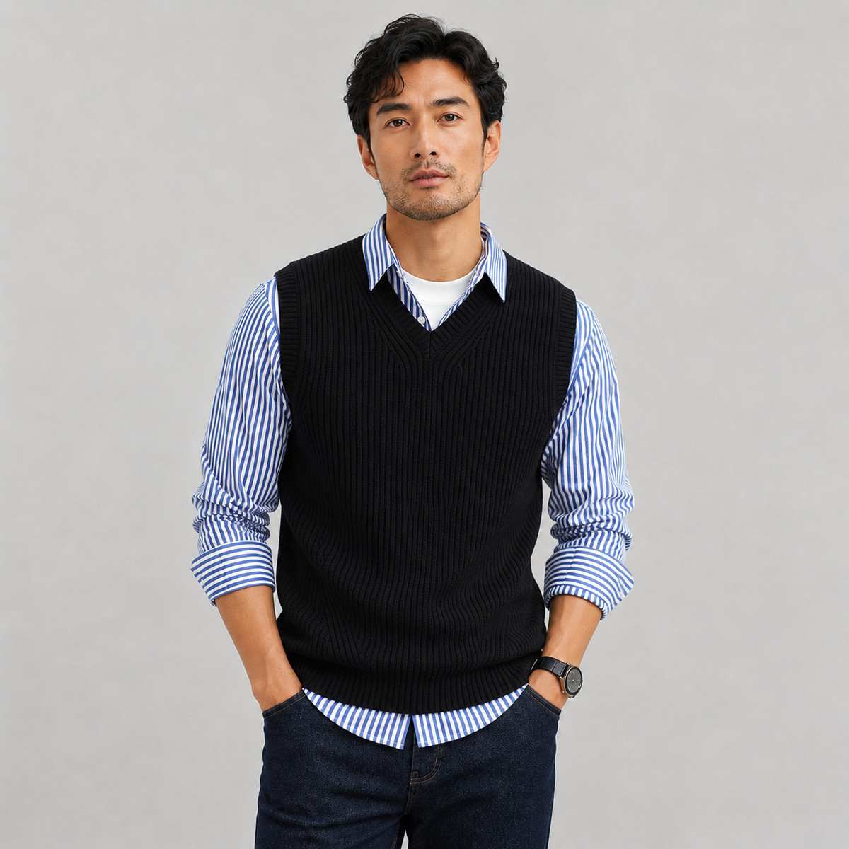 Montarello Men's Sweater Vest V-Neck Ribbed Knit