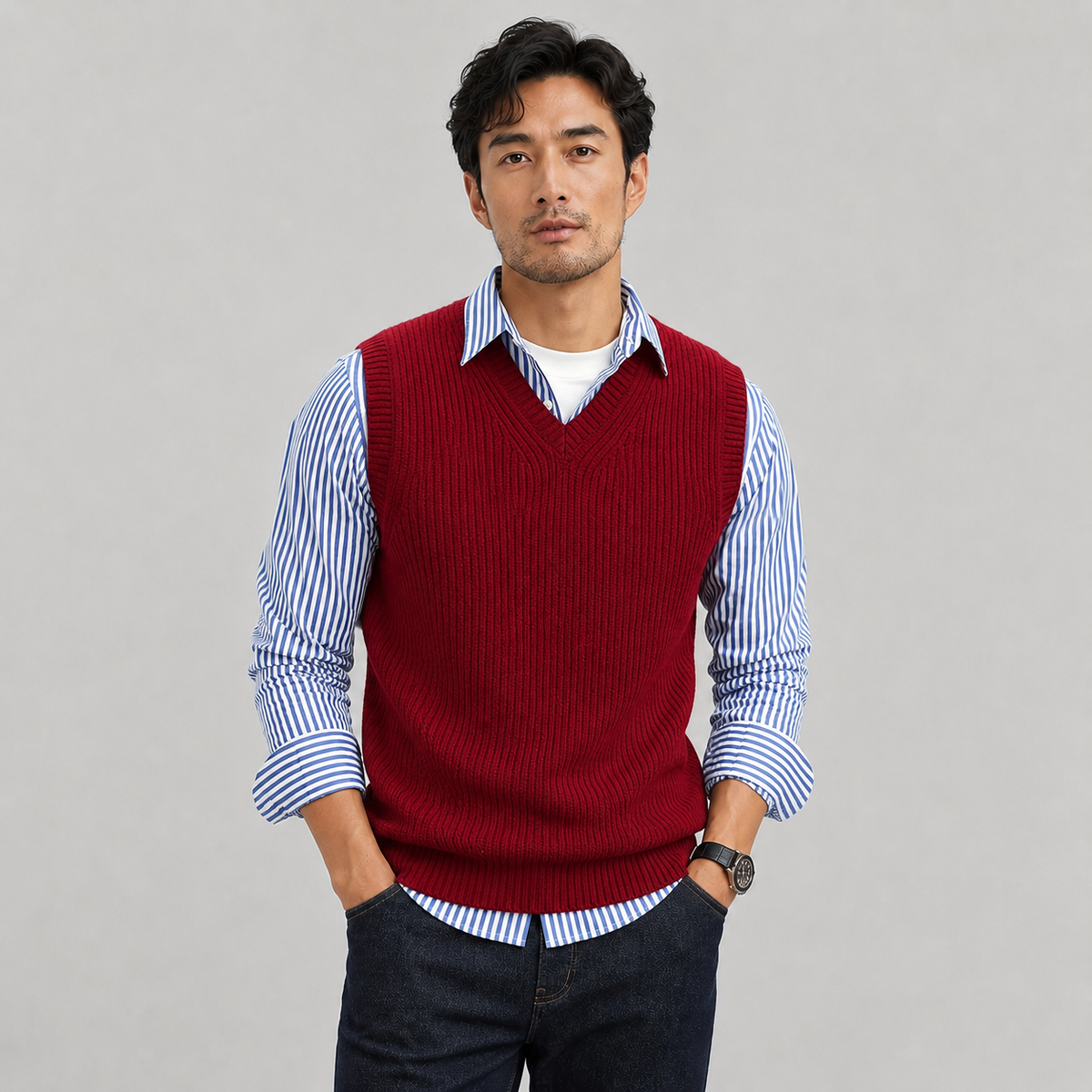 Montarello Men's Sweater Vest V-Neck Ribbed Knit