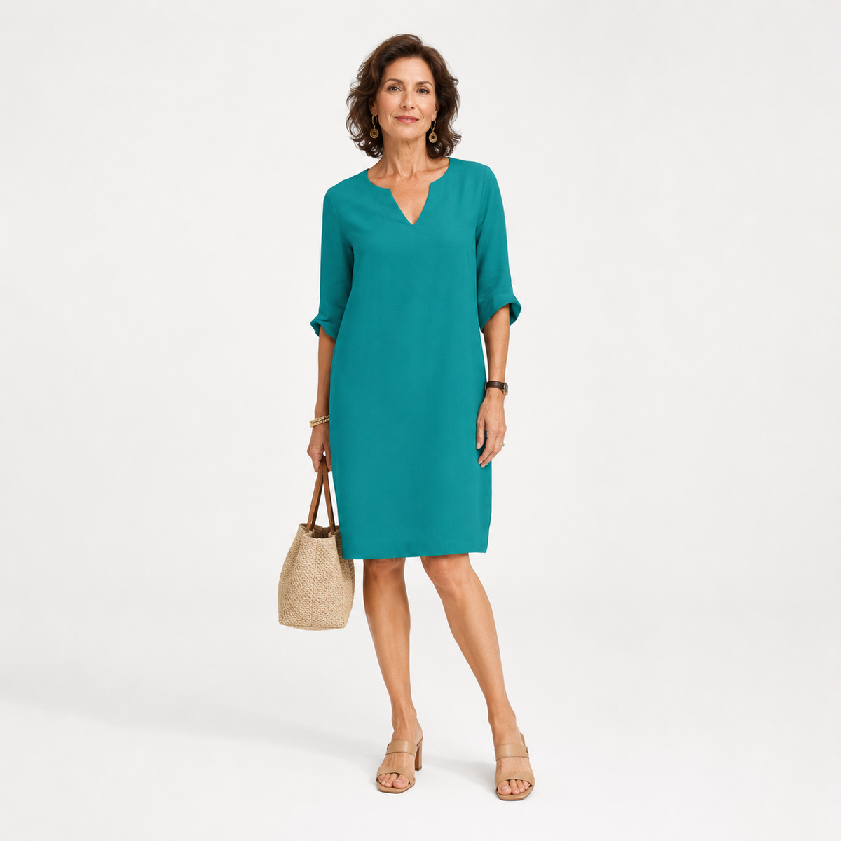 Montarello Women's Linen-Look V-Neck 3/4-Sleeve Midi Dress