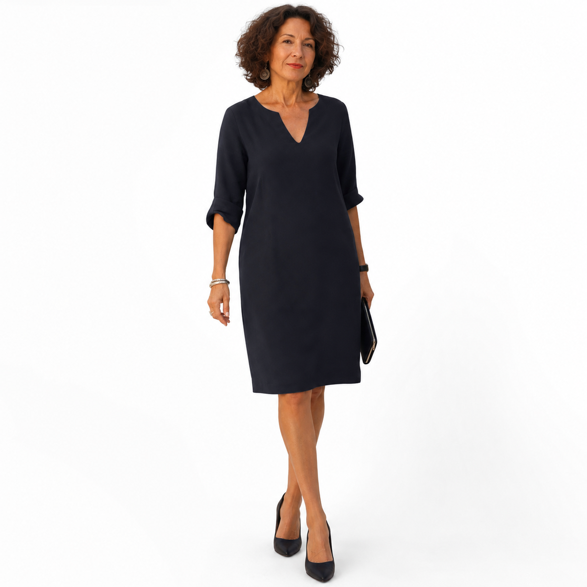 Montarello Women's Linen-Look V-Neck 3/4-Sleeve Midi Dress