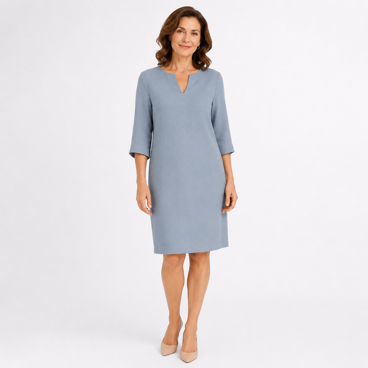 Montarello Women's Linen-Look V-Neck 3/4-Sleeve Midi Dress