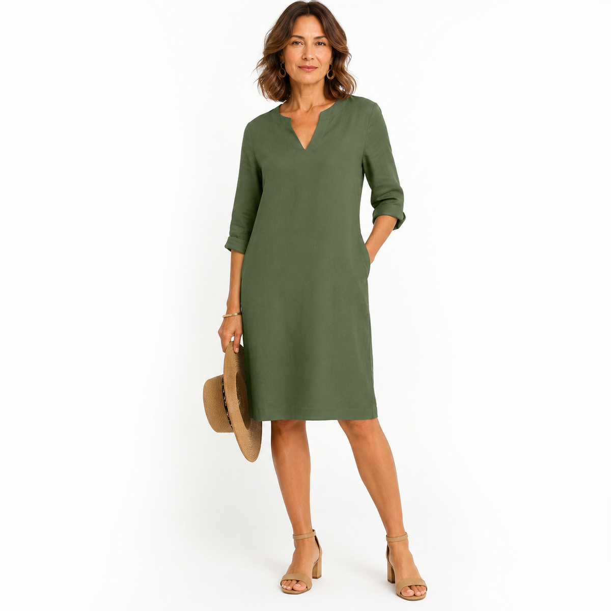 Montarello Women's Linen-Look V-Neck 3/4-Sleeve Midi Dress