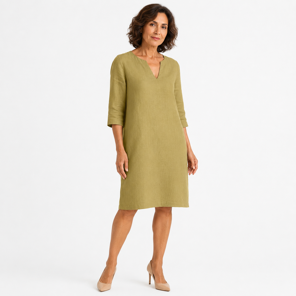 Montarello Women's Linen-Look V-Neck 3/4-Sleeve Midi Dress