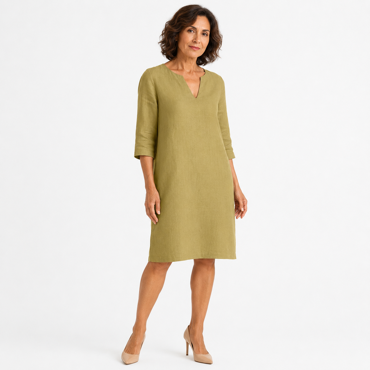 Montarello Women's Linen-Look V-Neck 3/4-Sleeve Midi Dress