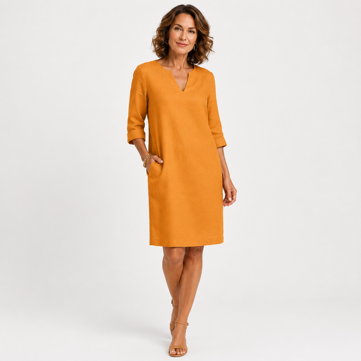 Montarello Women's Linen-Look V-Neck 3/4-Sleeve Midi Dress