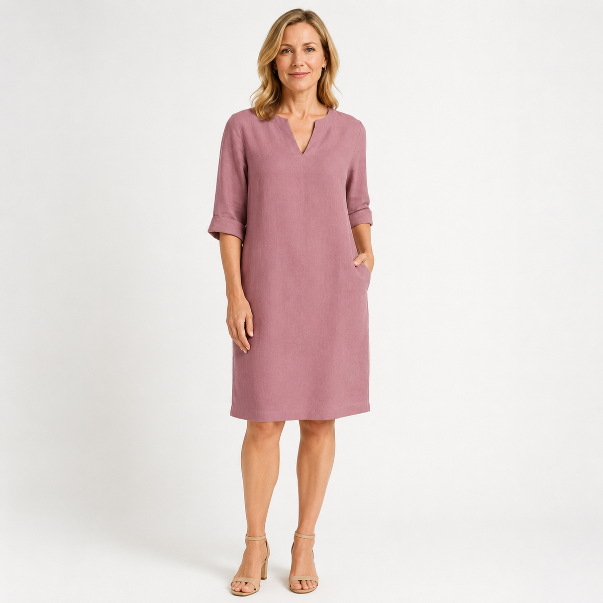 Montarello Women's Linen-Look V-Neck 3/4-Sleeve Midi Dress
