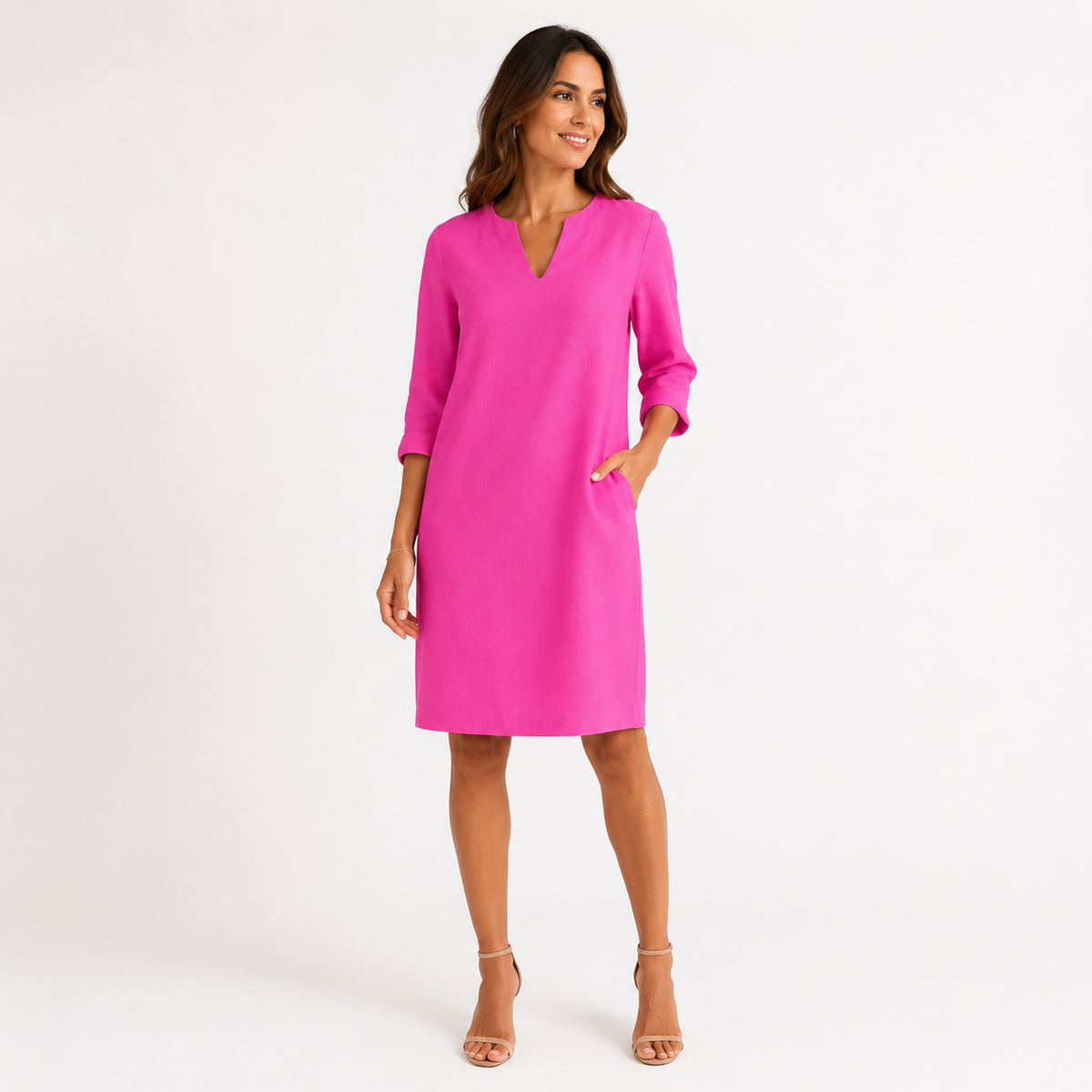 Montarello Women's Linen-Look V-Neck 3/4-Sleeve Midi Dress